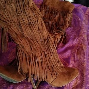 Cognac over the knee fringe boots